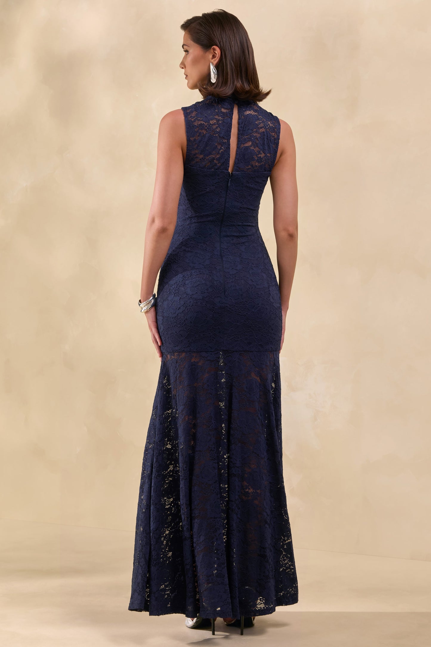 Esalyn | Navy Lace High-Neck Maxi Dress With Sheer-Skirt