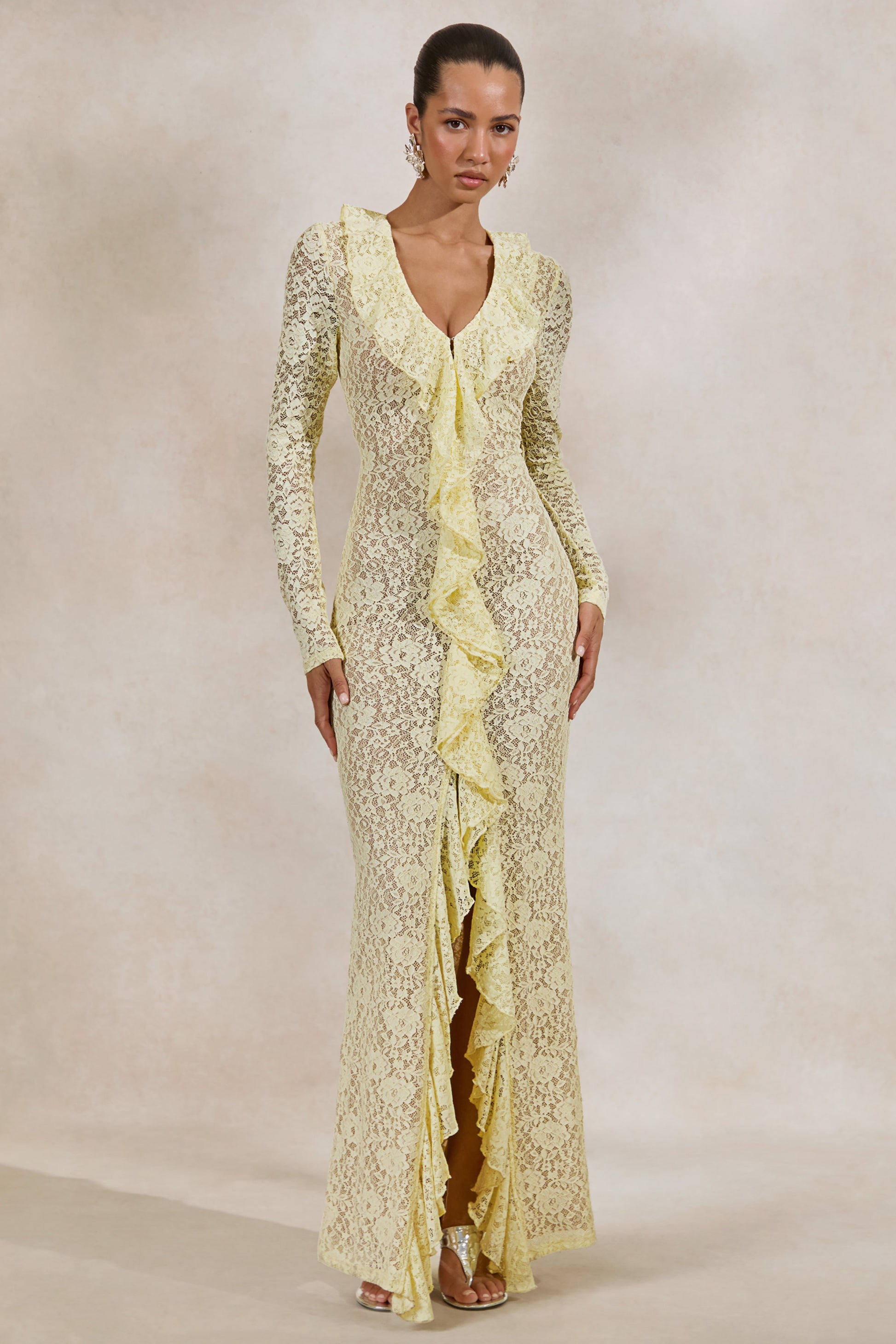 Exelia | Lemon Lace Plunge-Neck Maxi Dress With Long-Sleeves