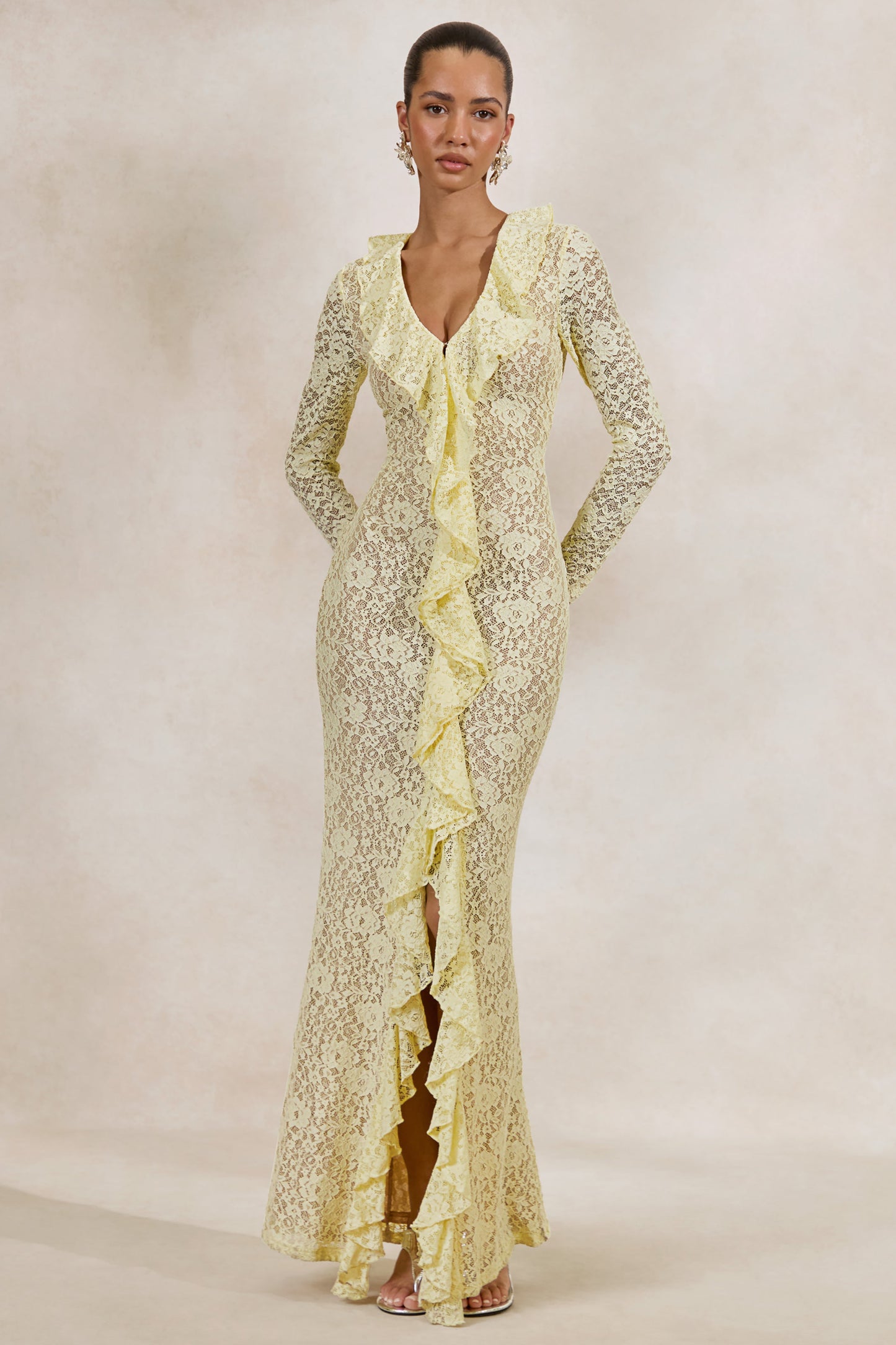 Exelia | Lemon Lace Plunge-Neck Maxi Dress With Long-Sleeves