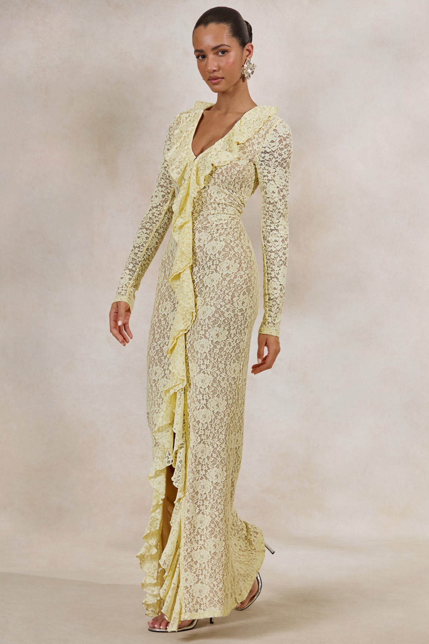 Exelia | Lemon Lace Plunge-Neck Maxi Dress With Long-Sleeves