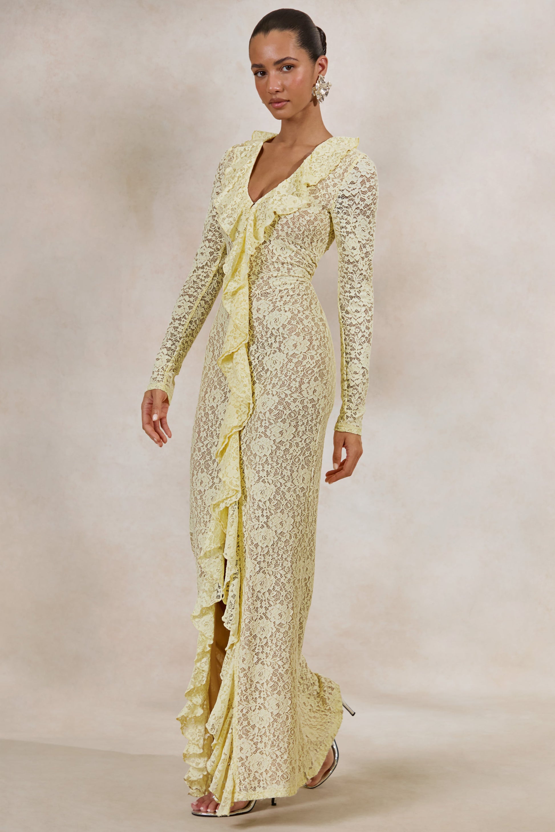 Exelia | Lemon Lace Plunge-Neck Maxi Dress With Long-Sleeves
