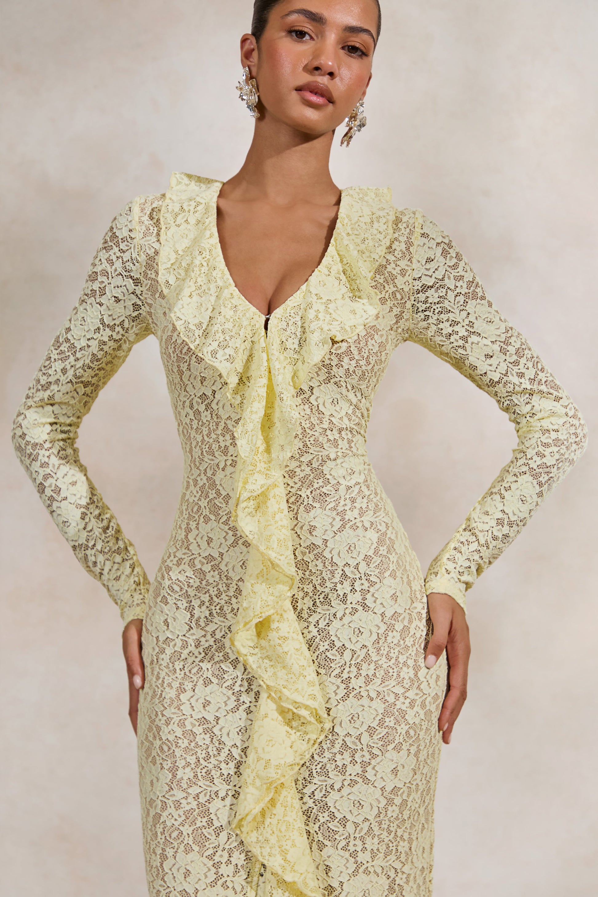 Exelia | Lemon Lace Plunge-Neck Maxi Dress With Long-Sleeves