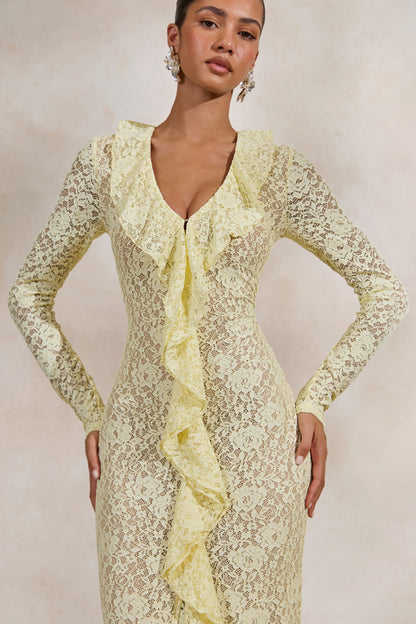 Exelia | Lemon Lace Plunge-Neck Maxi Dress With Long-Sleeves