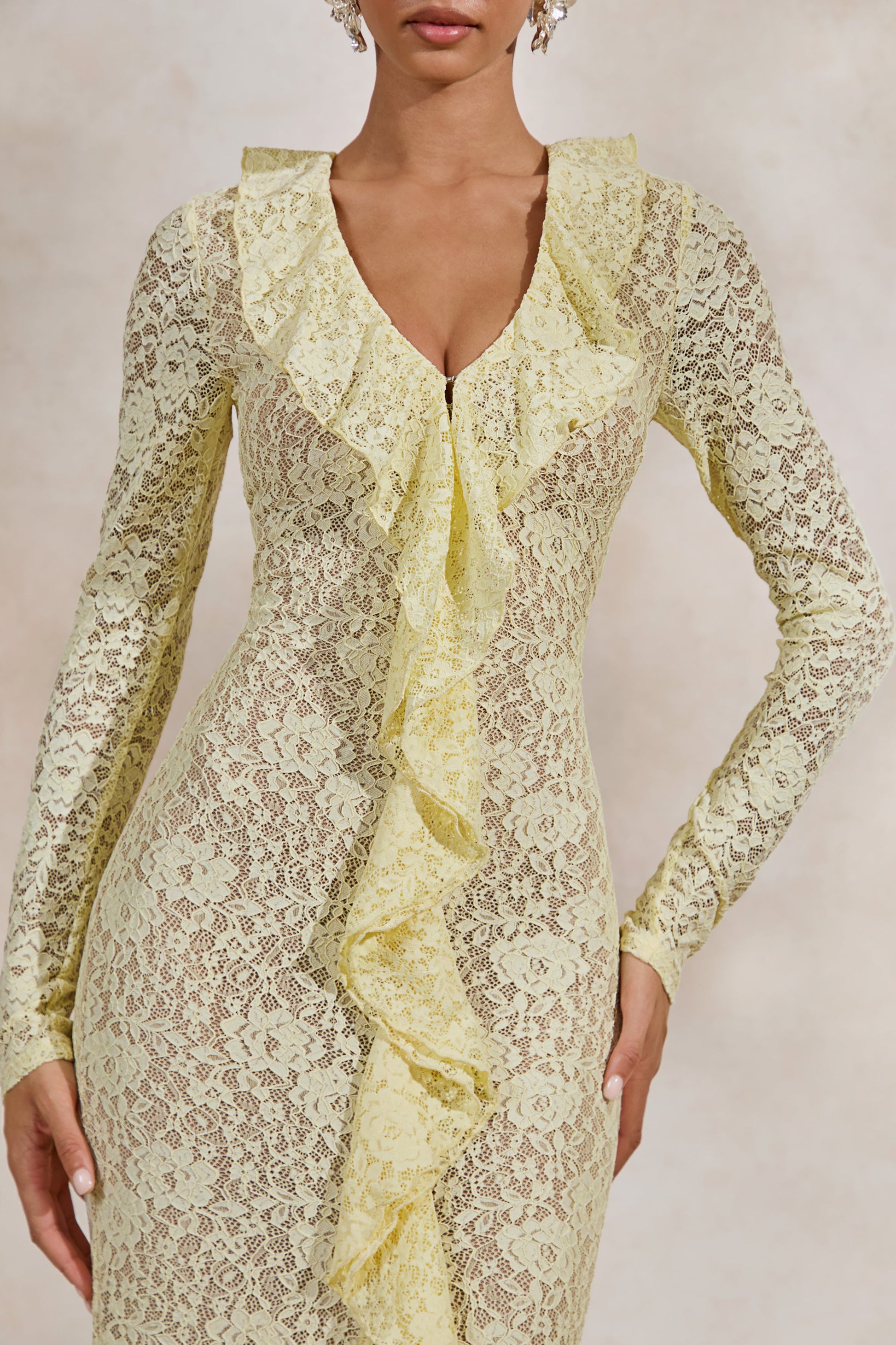 Exelia | Lemon Lace Plunge-Neck Maxi Dress With Long-Sleeves