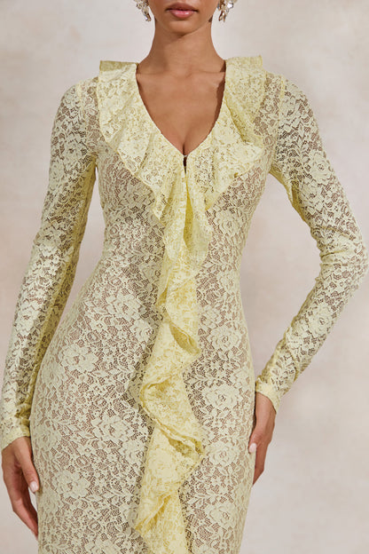 Exelia | Lemon Lace Plunge-Neck Maxi Dress With Long-Sleeves