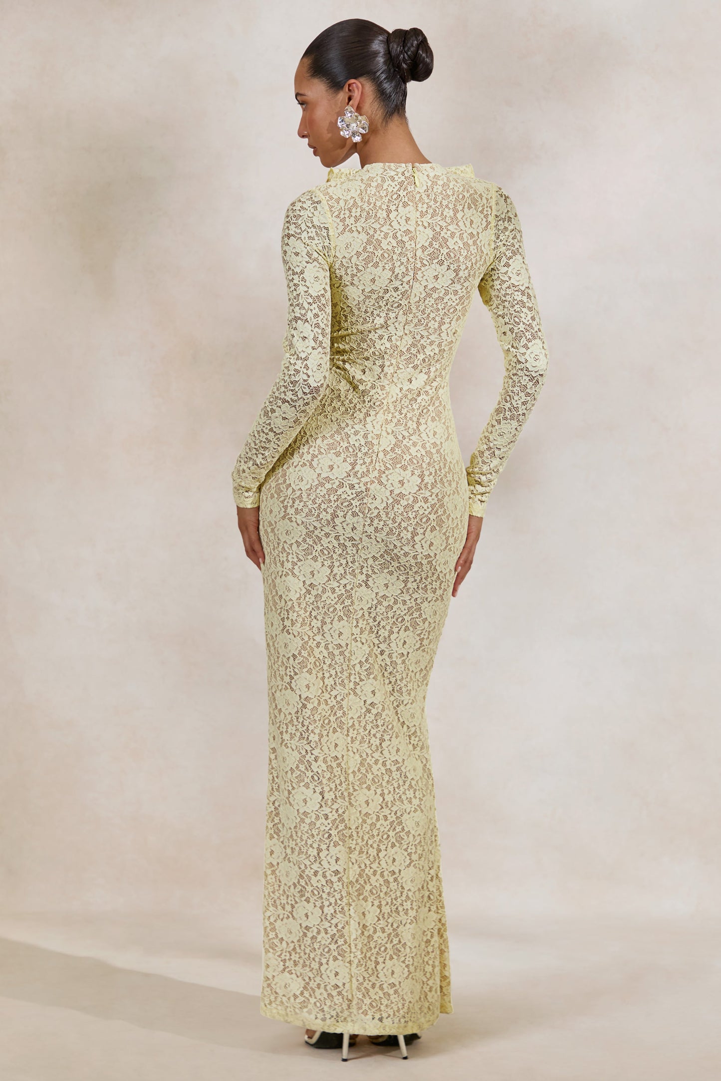Exelia | Lemon Lace Plunge-Neck Maxi Dress With Long-Sleeves
