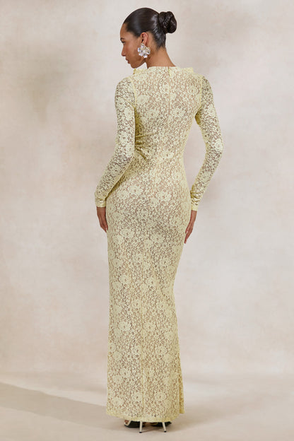 Exelia | Lemon Lace Plunge-Neck Maxi Dress With Long-Sleeves