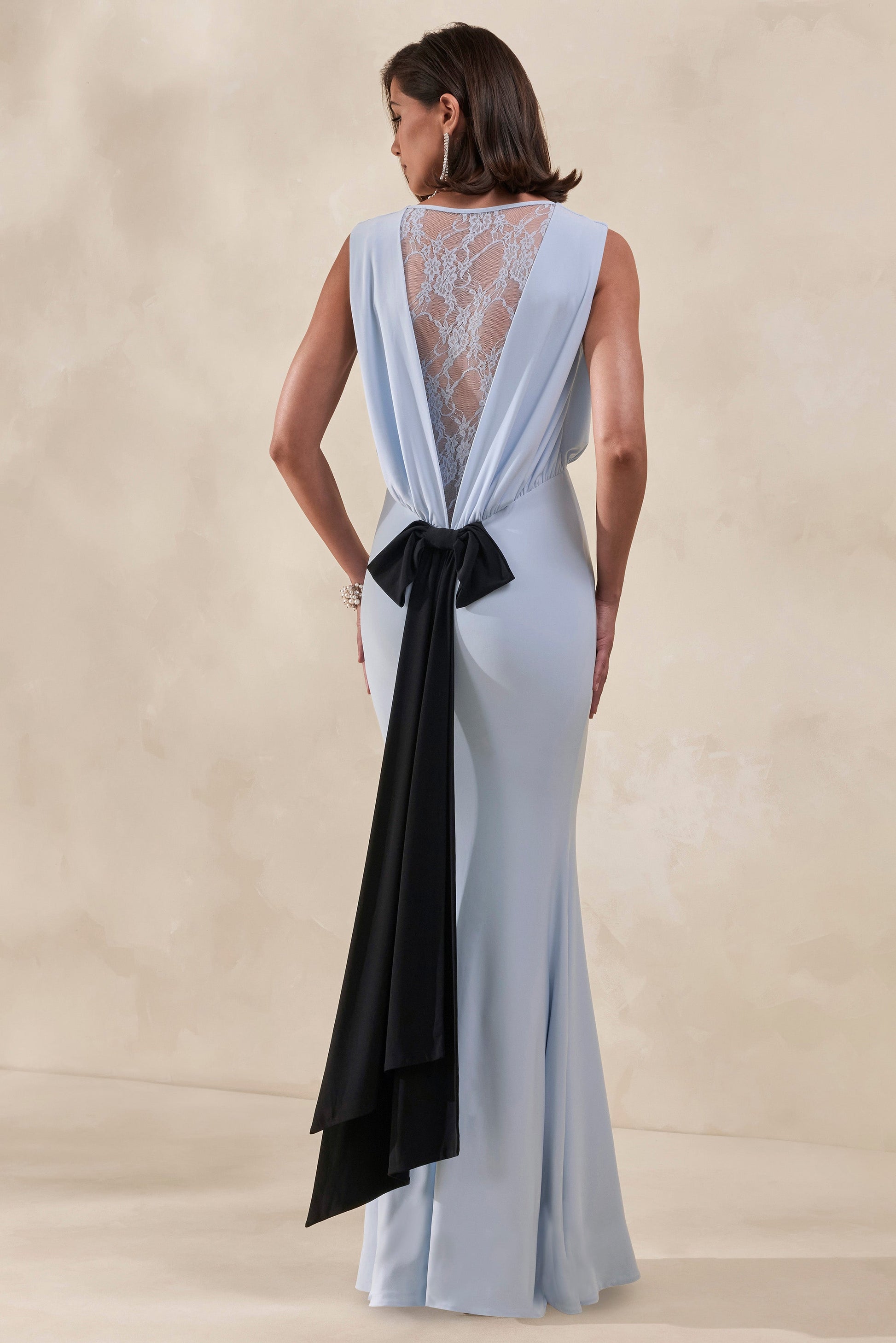 Elladine | Powder Blue Round-Neck Maxi Dress With Lace-Back And Bow-Detail