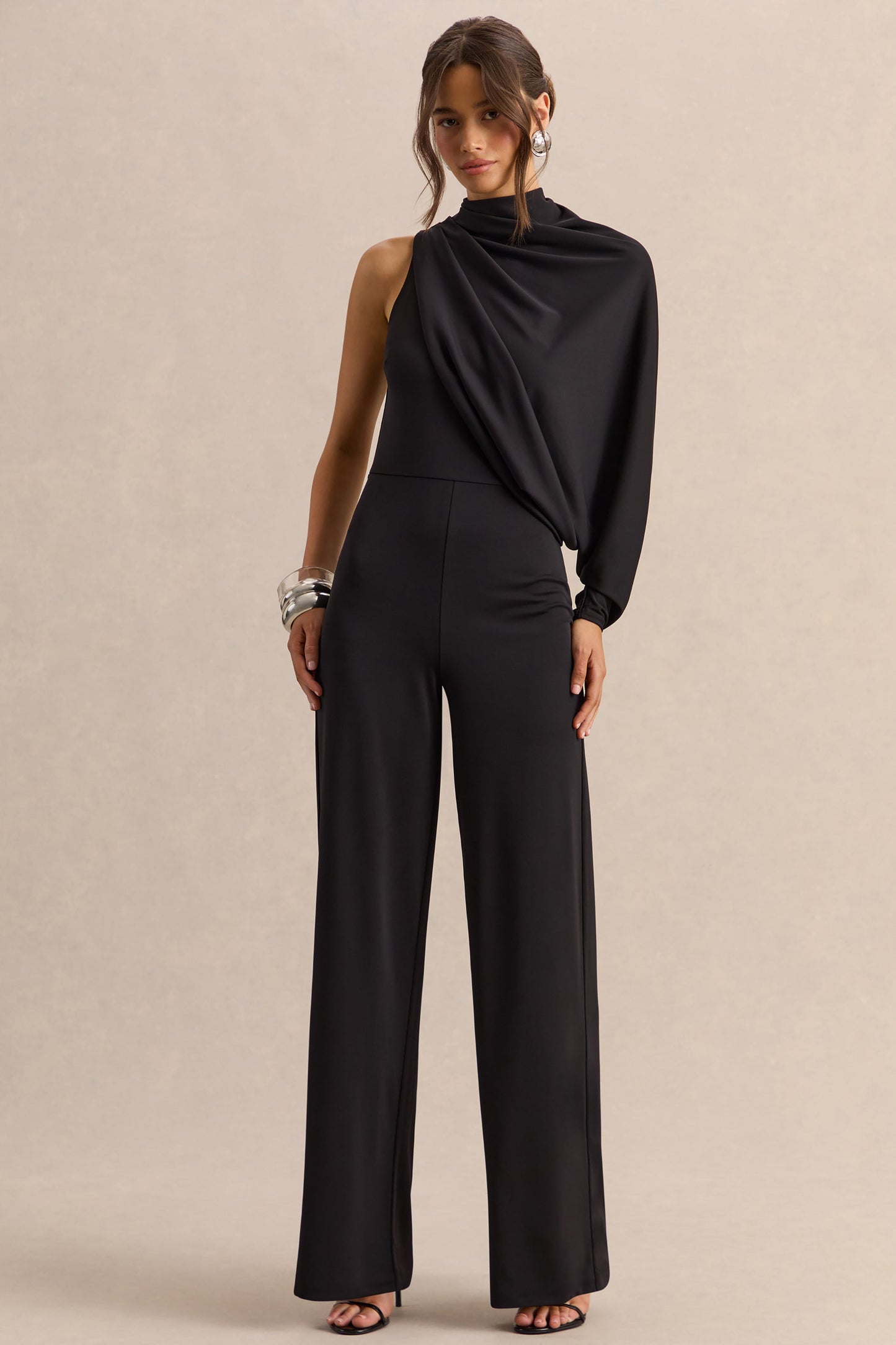 Emoria | Black High-Neck Jumpsuit With One Long-Sleeve