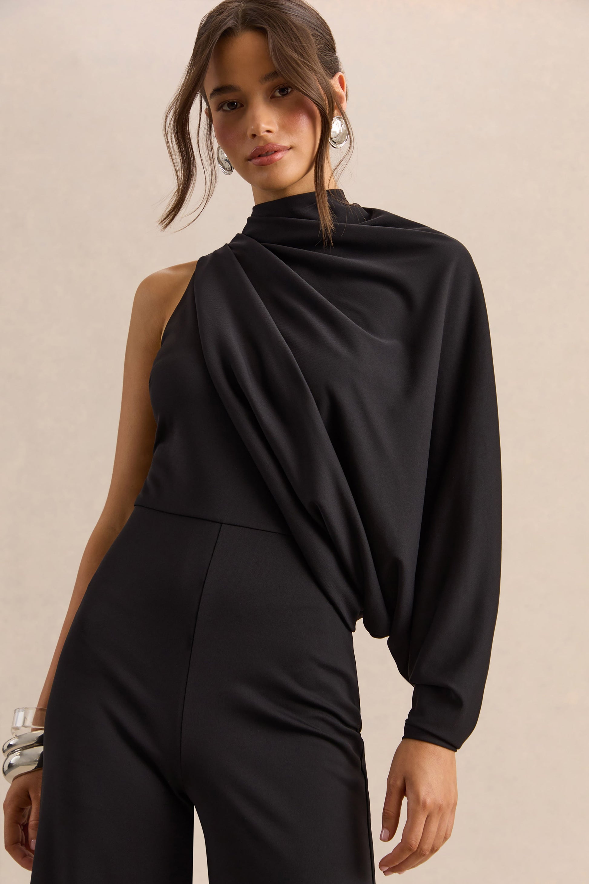 Emoria | Black High-Neck Jumpsuit With One Long-Sleeve