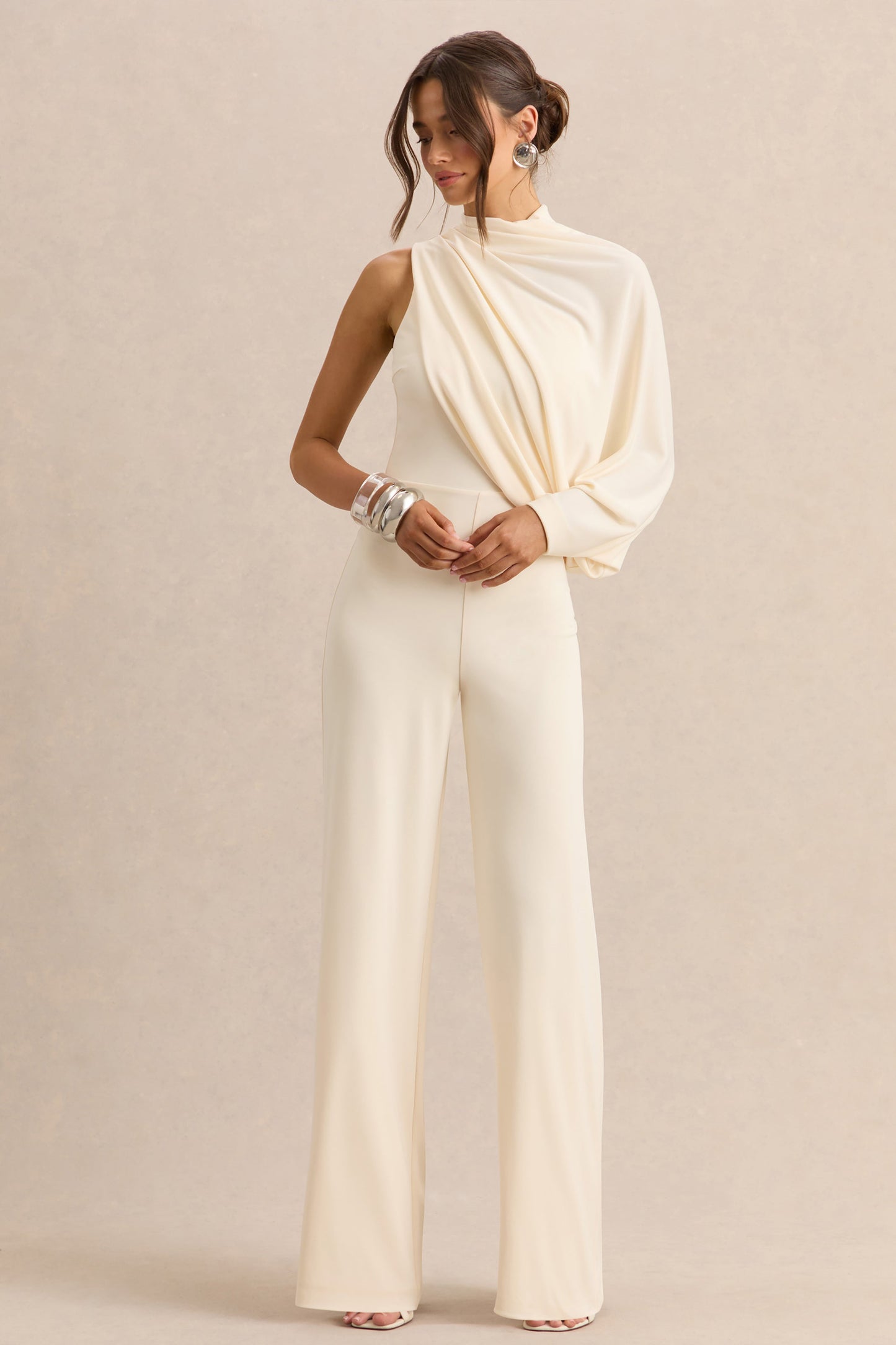 Emoria | Cream High-Neck Jumpsuit With One Long-Sleeve