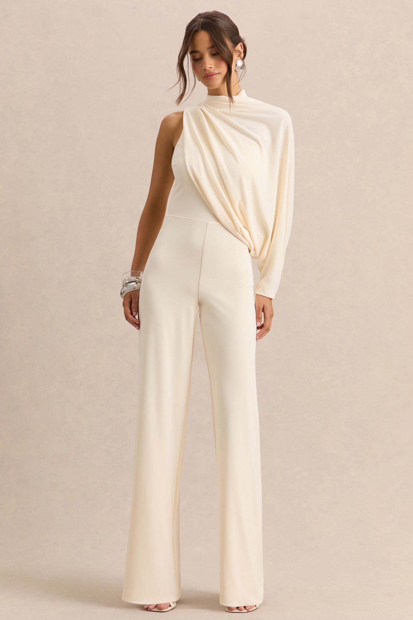 Emoria | Cream High-Neck Jumpsuit With One Long-Sleeve