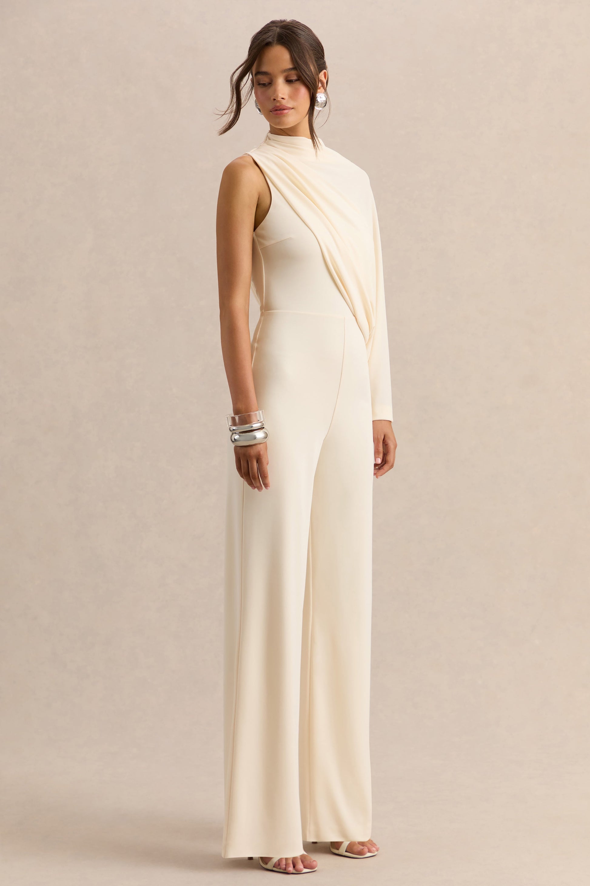 Emoria | Cream High-Neck Jumpsuit With One Long-Sleeve