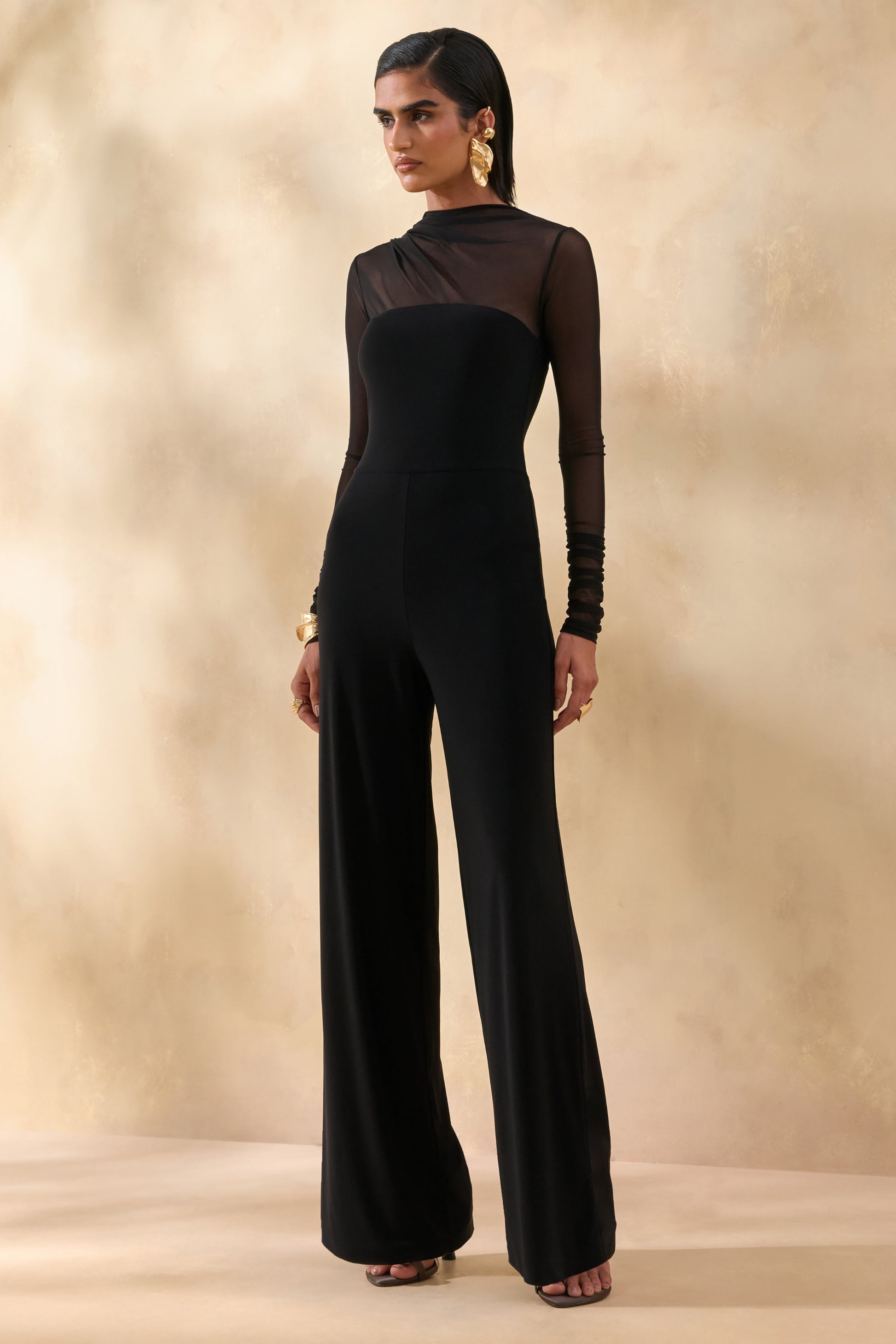 Emeria | Black High-Neck Jumpsuit With Long Mesh-Sleeves