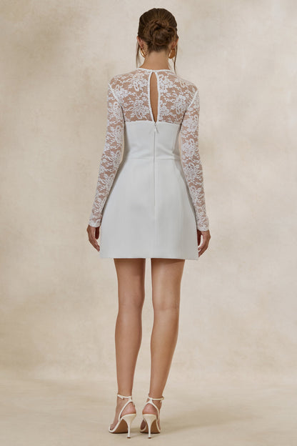 Aerin | White High-Neck Mini Dress With Long-Lace Sleeves