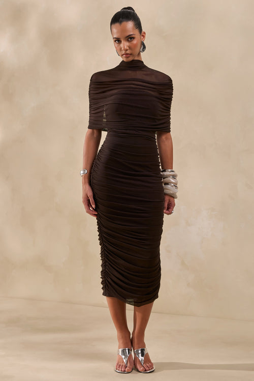 Astrae | Brown High-Neck Midi Dress With Short Mesh-Cape