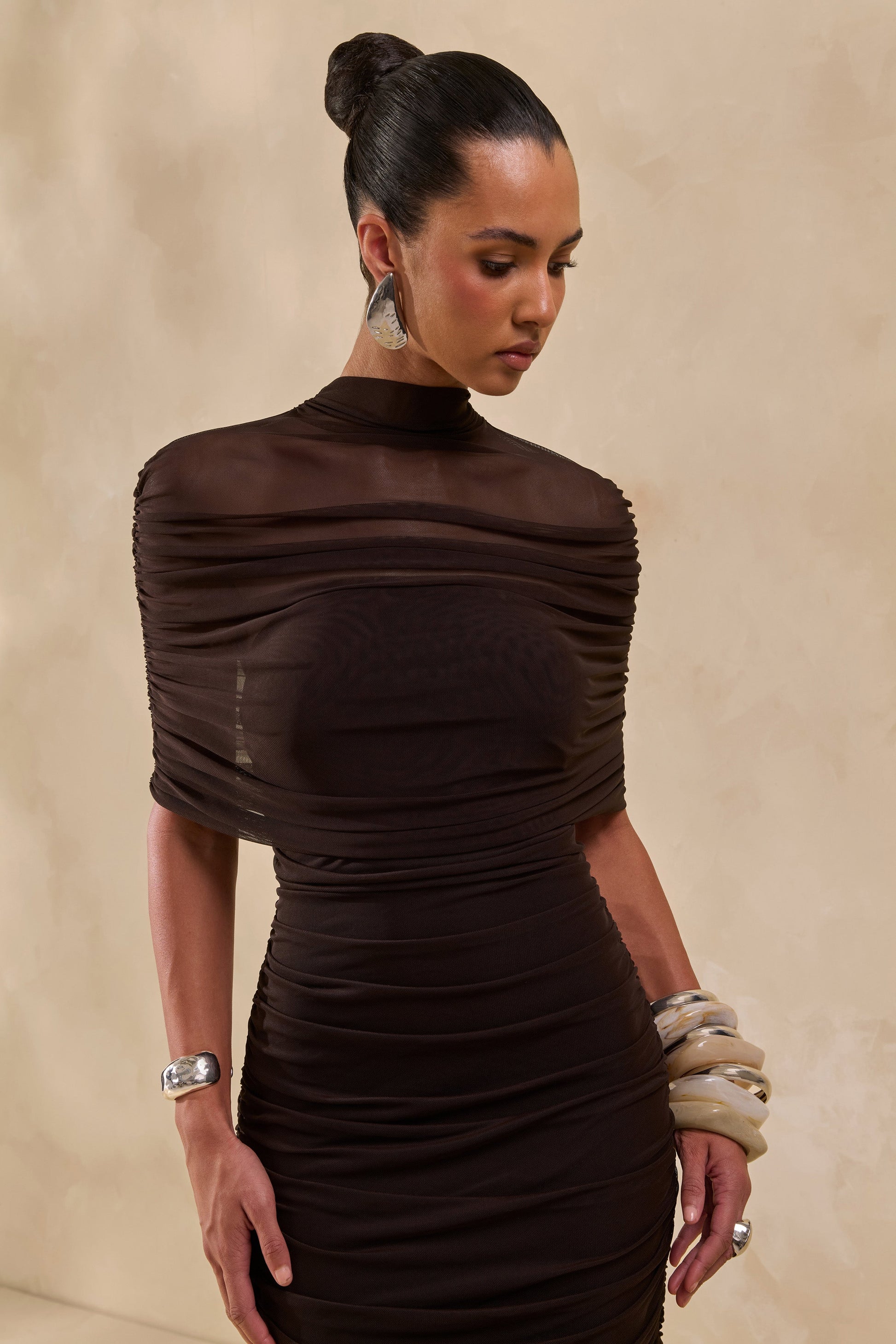 Astrae | Brown High-Neck Midi Dress With Short Mesh-Cape