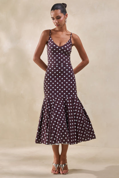 Masie | Brown Polka-Dot Midi Skirt With Drop-Waist