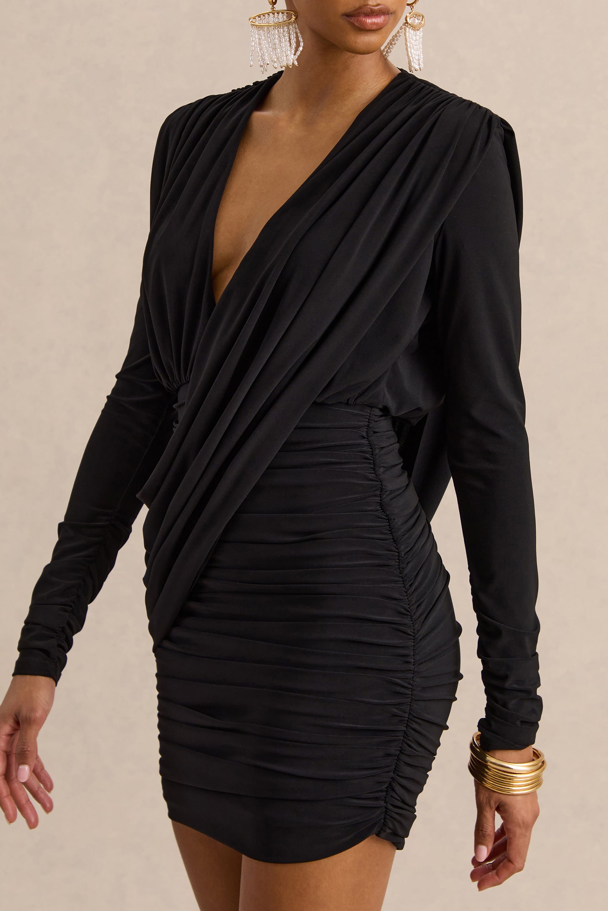 Ajana | Black Plunge-Neck Wrapped Mini Dress