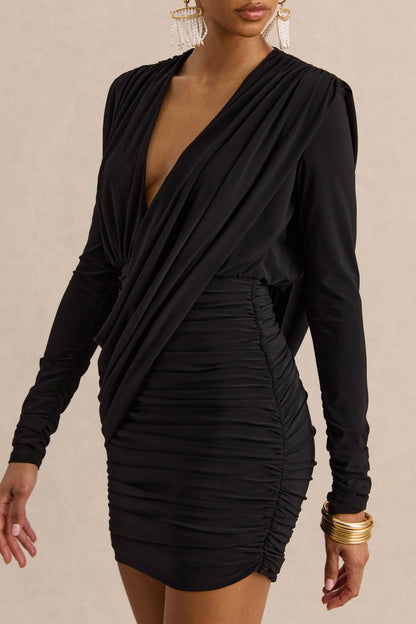 Ajana | Black Plunge-Neck Wrapped Mini Dress