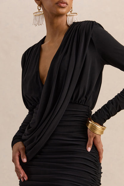 Ajana | Black Plunge-Neck Wrapped Mini Dress