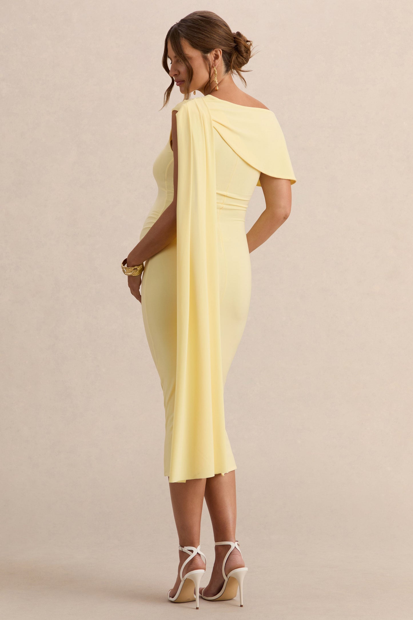 Braelyn | Lemon Asymmetric-Neck Maternity Midi Dress With Gathered Detailing And Sash