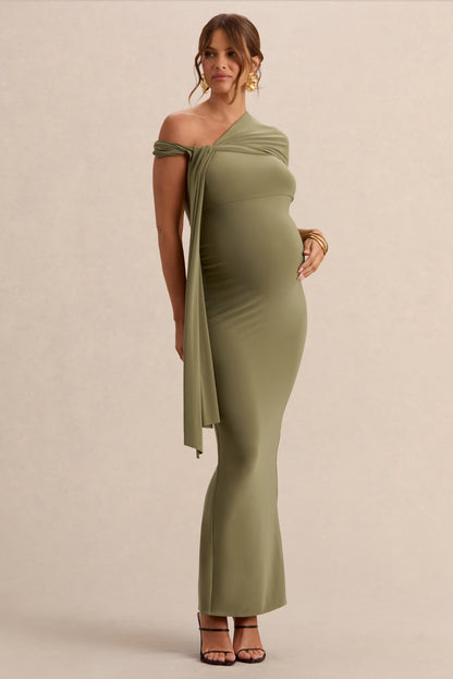 Isela | Khaki Asymmetric-Neck Maternity Maxi Dress With Sash Detail