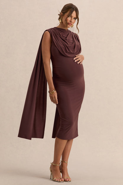 Milaine | Dark Brown Round-Neck Maternity Midi Dress With Cape Sleeves