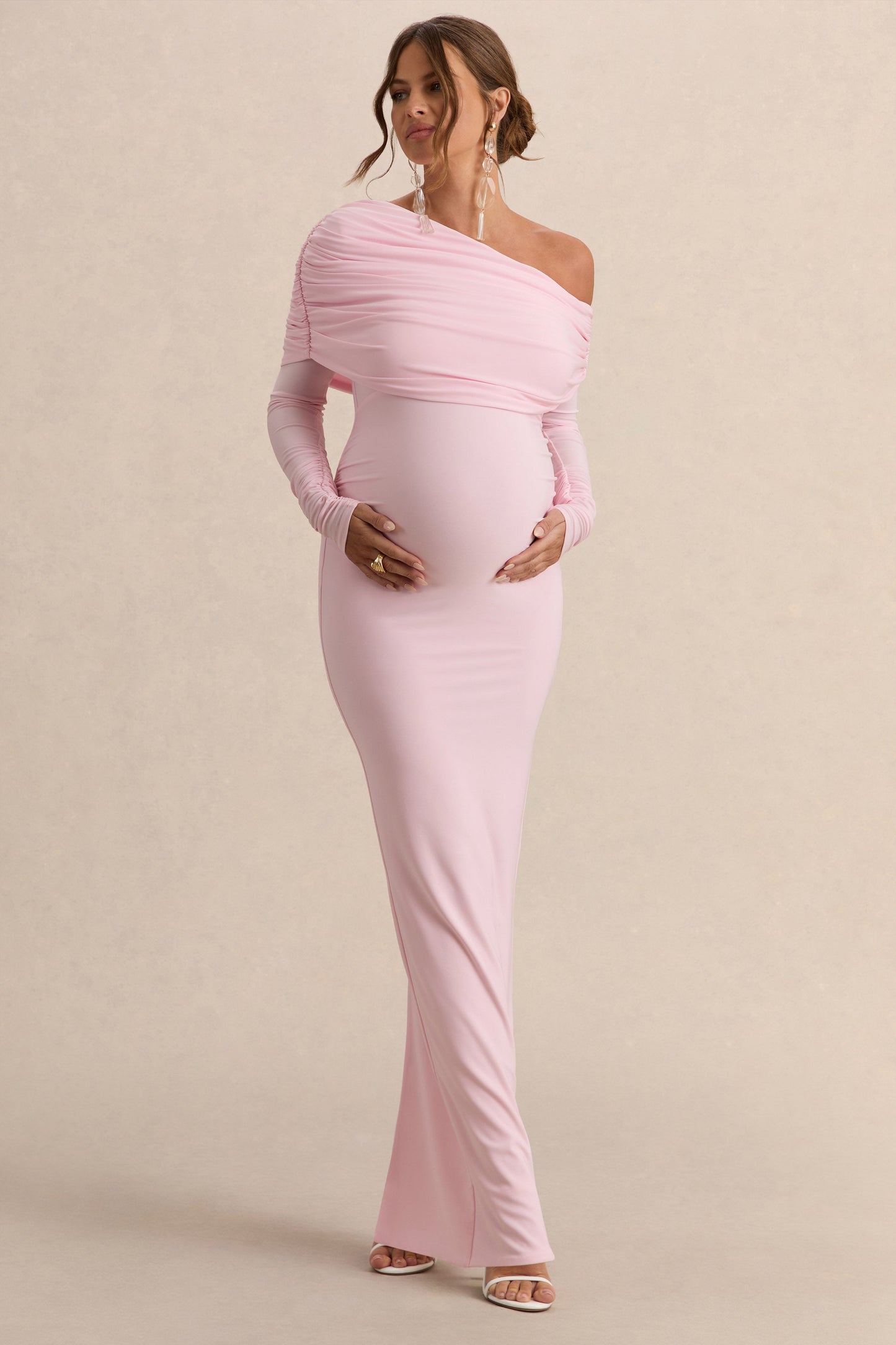Carleigh | Light Pink Asymmetric-Neck Maternity Maxi Dress With Draped Detailing
