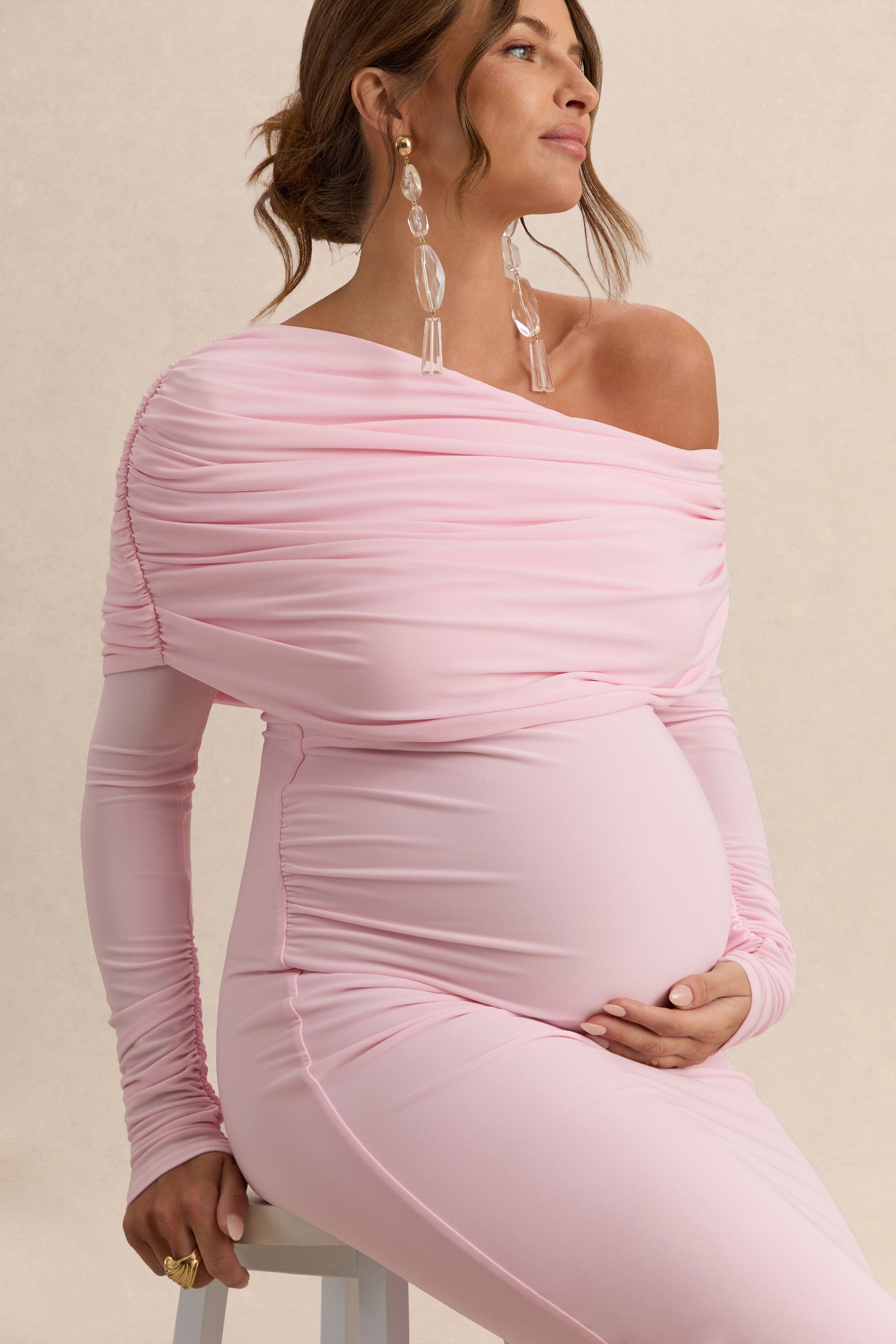 Carleigh | Light Pink Asymmetric-Neck Maternity Maxi Dress With Draped Detailing