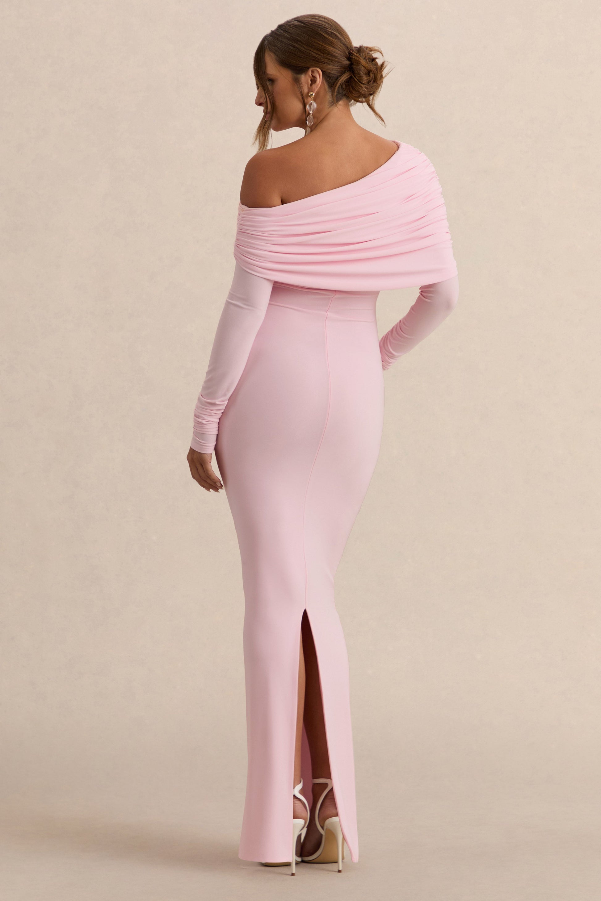 Carleigh | Light Pink Asymmetric-Neck Maternity Maxi Dress With Draped Detailing