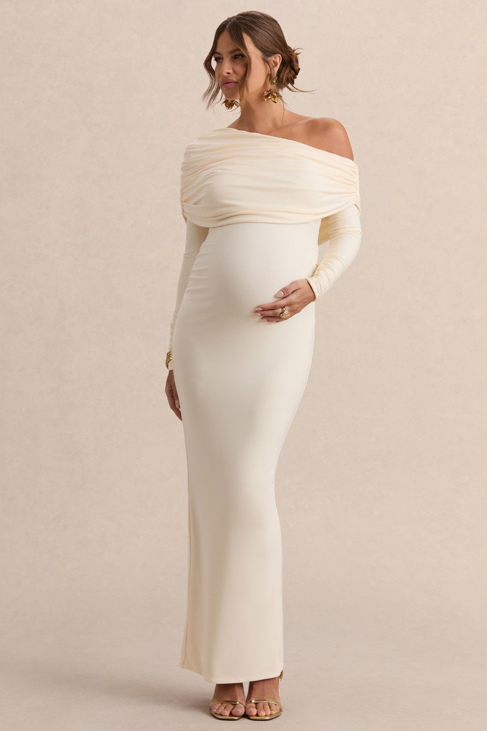 Carleigh | Cream Asymmetric-Neck Maternity Maxi Dress With Draped Detailing