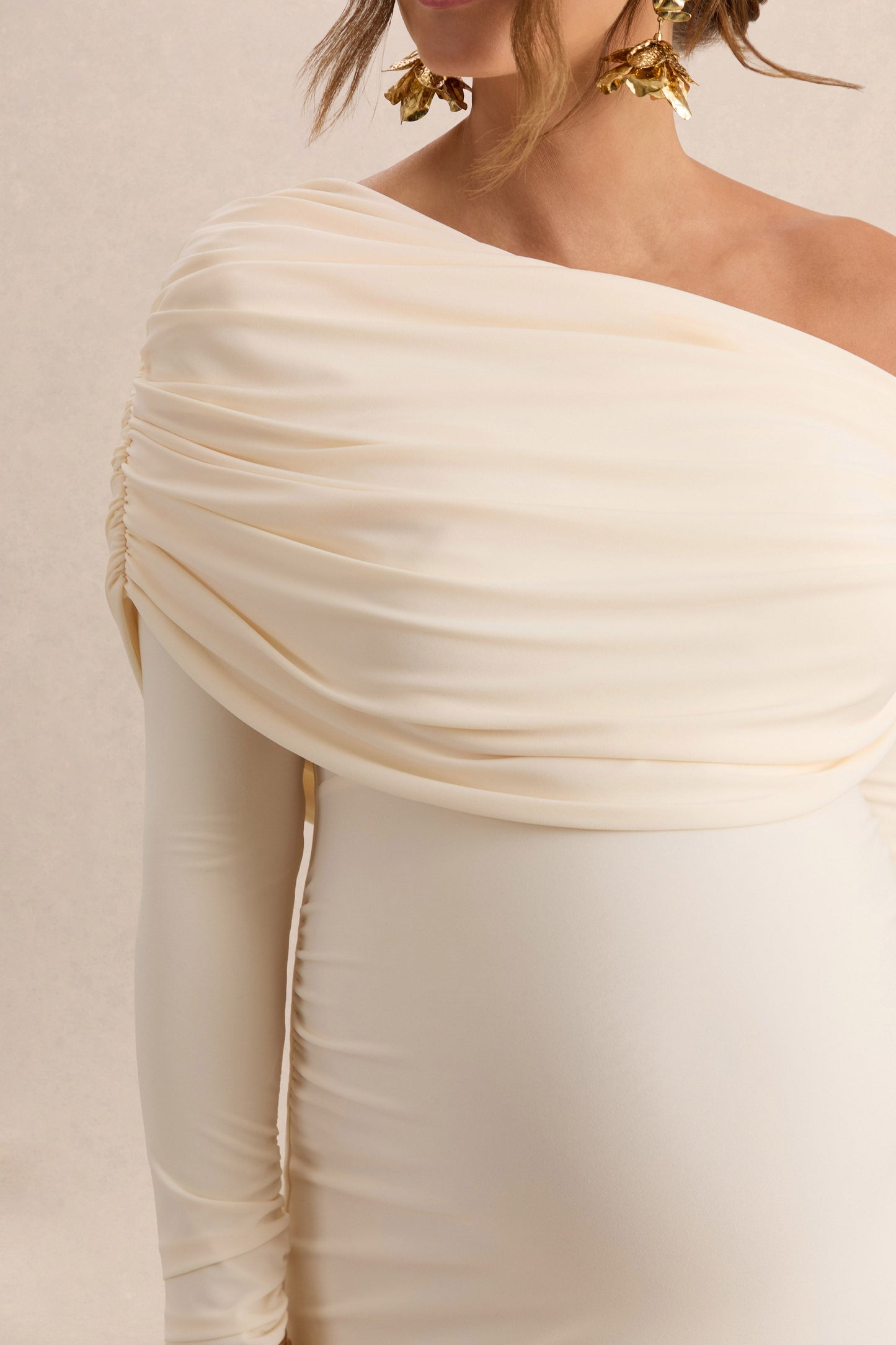 Carleigh | Cream Asymmetric-Neck Maternity Maxi Dress With Draped Detailing