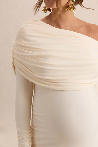 Carleigh | Cream Asymmetric-Neck Maternity Maxi Dress With Draped Detailing