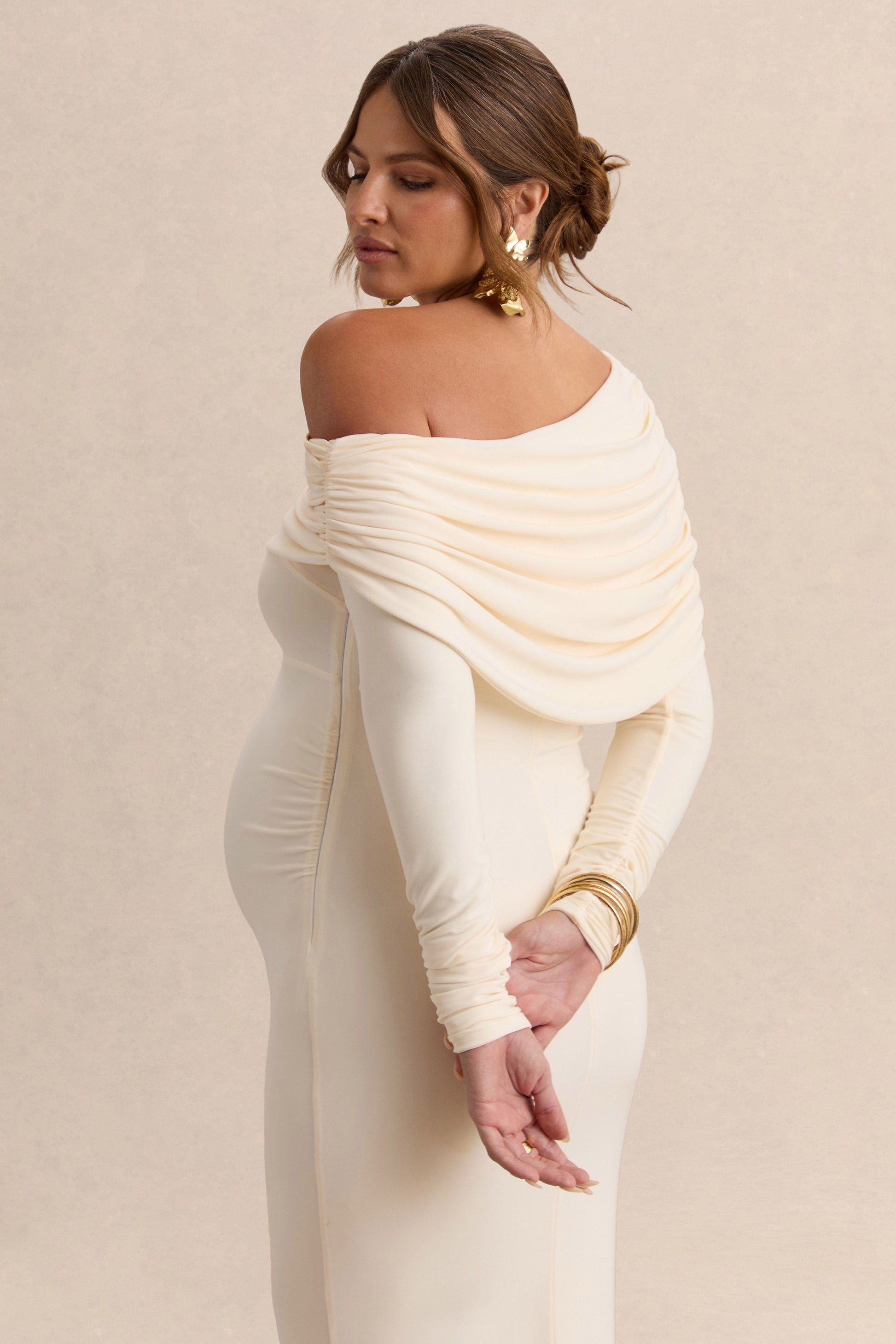 Carleigh | Cream Asymmetric-Neck Maternity Maxi Dress With Draped Detailing