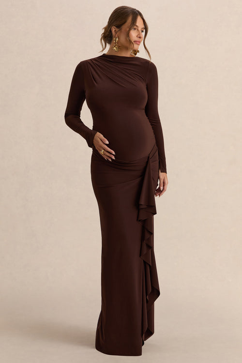 Kamira | Dark Brown Round-Neck Maternity Maxi Dress With Gathered Detailing