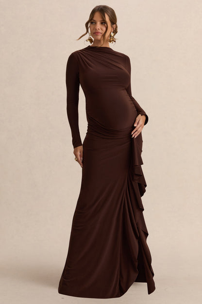 Kamira | Dark Brown Round-Neck Maternity Maxi Dress With Gathered Detailing