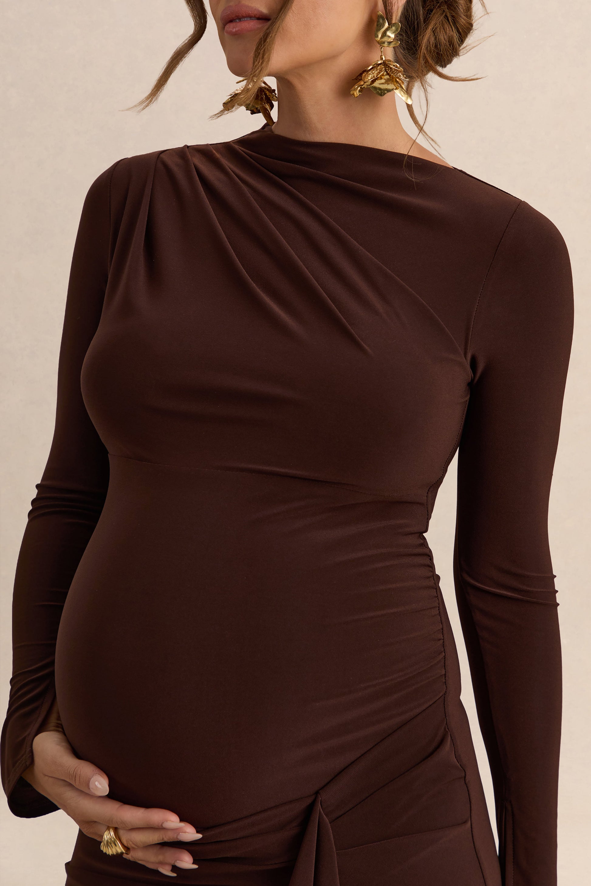 Kamira | Dark Brown Round-Neck Maternity Maxi Dress With Gathered Detailing