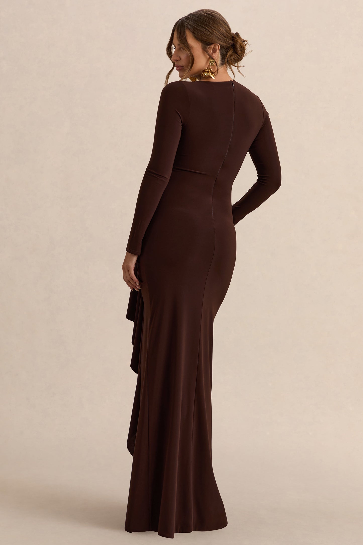 Kamira | Dark Brown Round-Neck Maternity Maxi Dress With Gathered Detailing