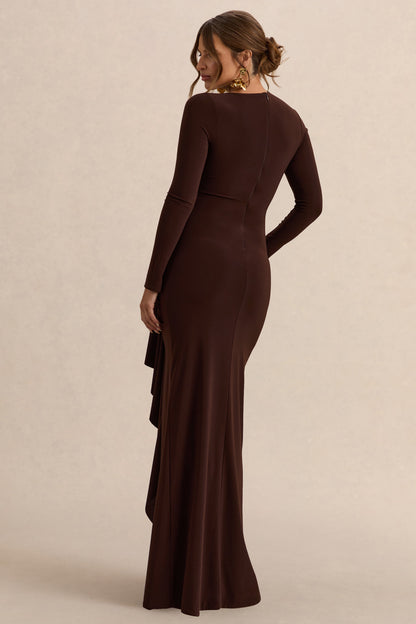 Kamira | Dark Brown Round-Neck Maternity Maxi Dress With Gathered Detailing