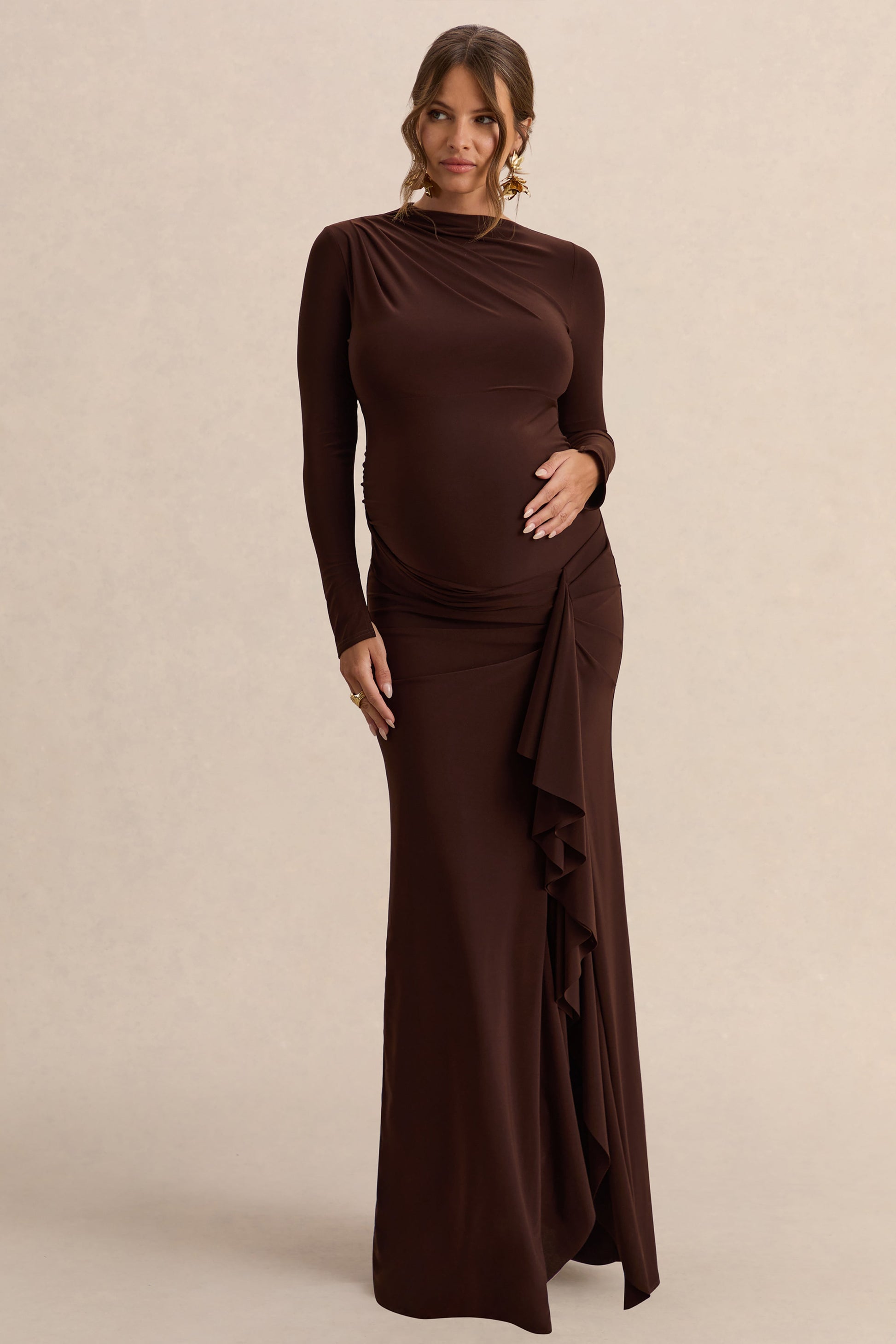 Kamira | Dark Brown Round-Neck Maternity Maxi Dress With Gathered Detailing