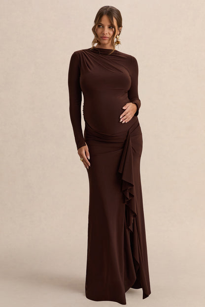 Kamira | Dark Brown Round-Neck Maternity Maxi Dress With Gathered Detailing