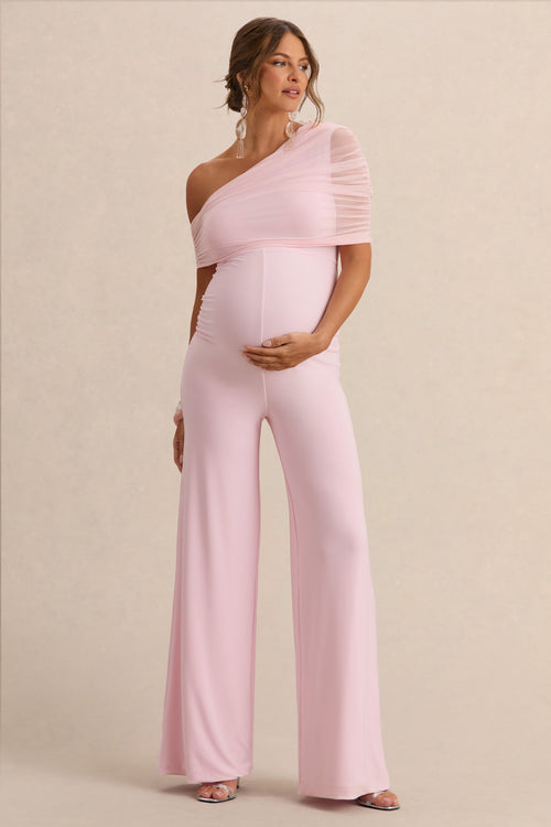 Mariska | Light Pink Asymmetric-Neck Maternity Jumpsuit With Sash Detail