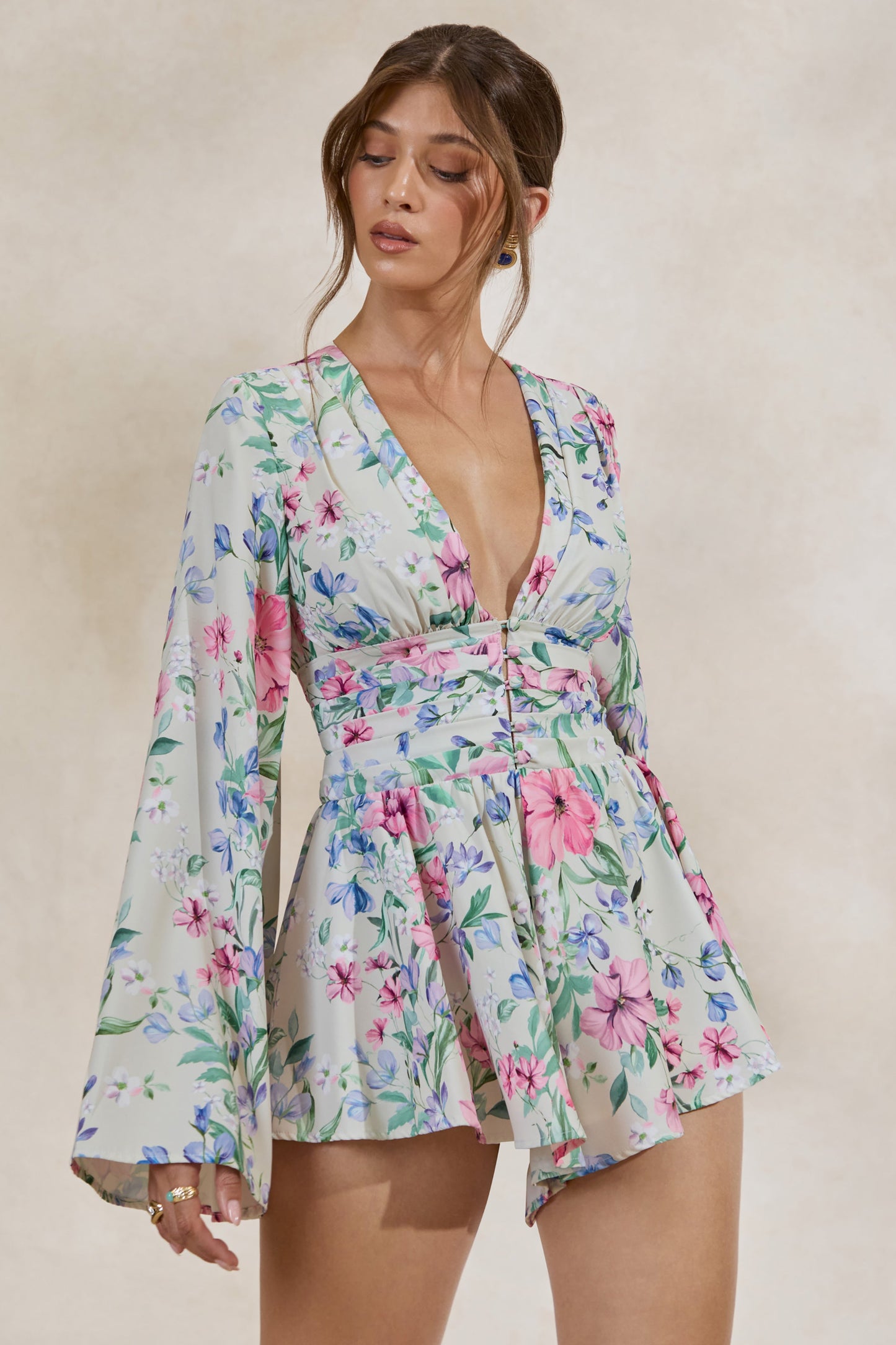 Kismet | Cream Floral Print Plunge-Neck Playsuit With Bell Sleeves