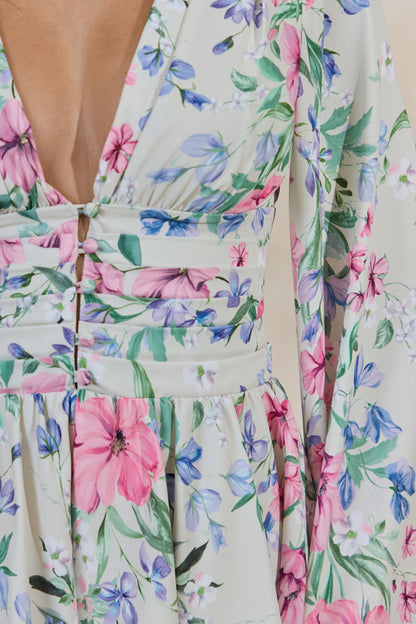 Kismet | Cream Floral Print Plunge-Neck Playsuit With Bell Sleeves