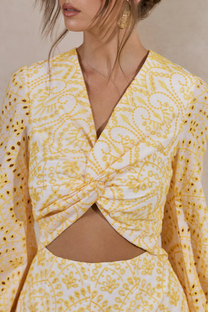Ksenia | Lemon and White Broderie Plunge-Neck Playsuit With Twist Detail