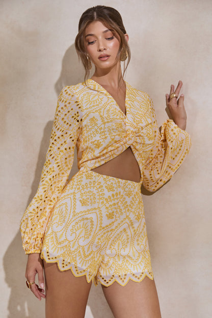 Ksenia | Lemon and White Broderie Plunge-Neck Playsuit With Twist Detail