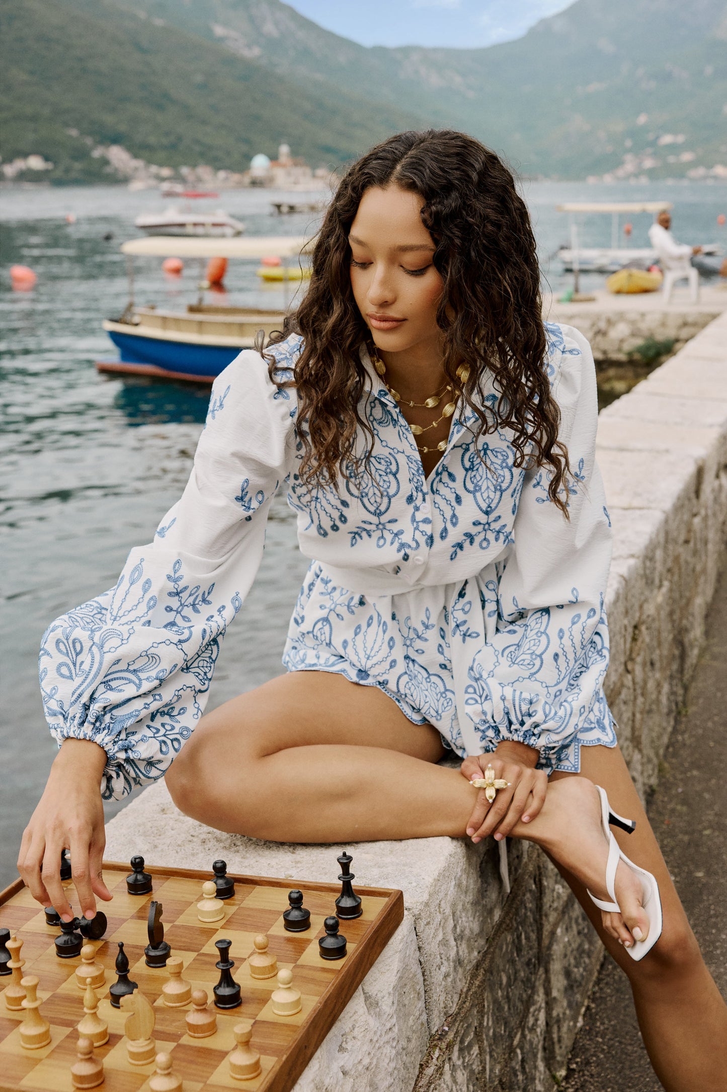 Adria | White And Blue Floral Broderie V-Neck Playsuit