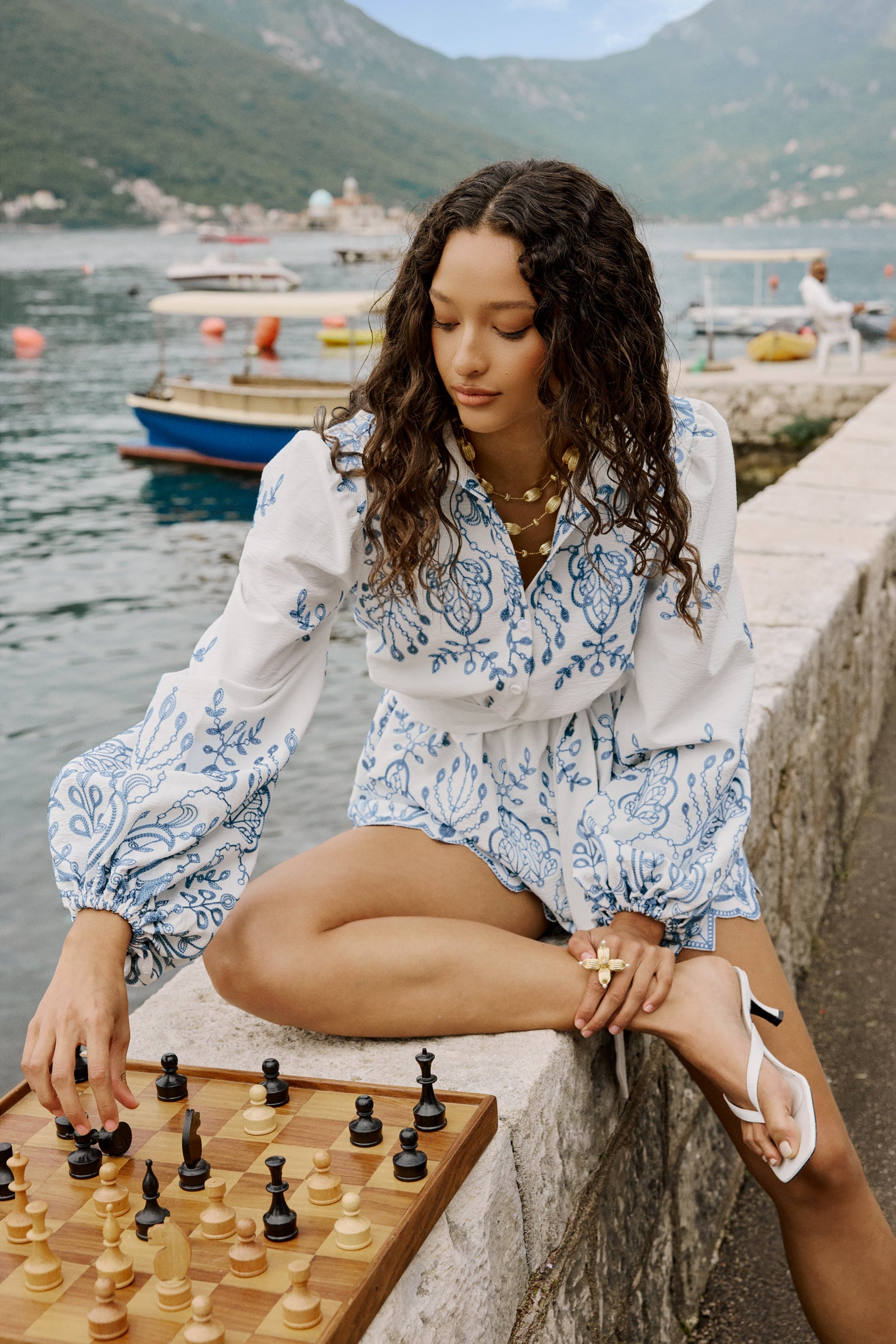 Adria | White And Blue Floral Broderie V-Neck Playsuit