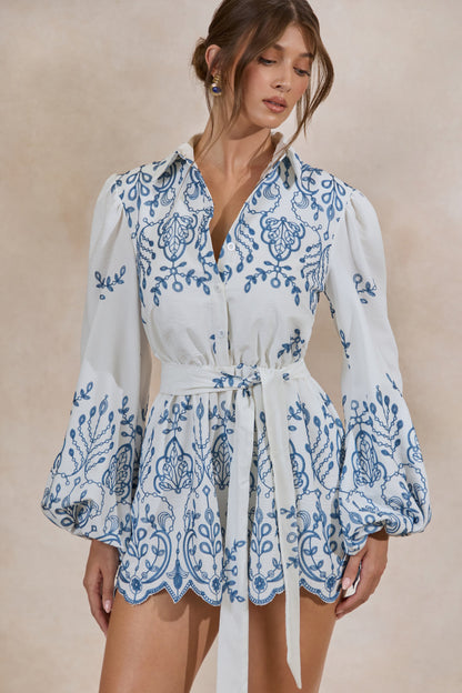 Adria | White And Blue Floral Broderie V-Neck Playsuit